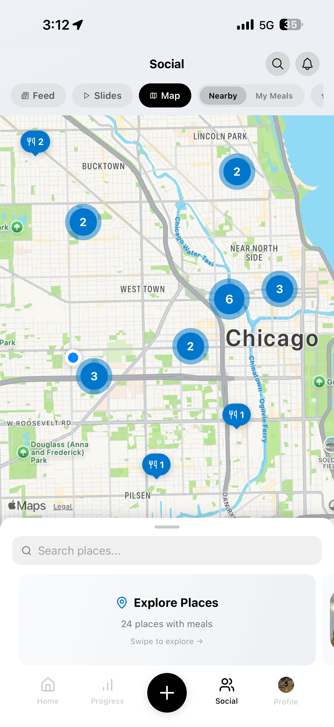 InstaCal map view showing meal pins at restaurants across Chicago with search and explore features