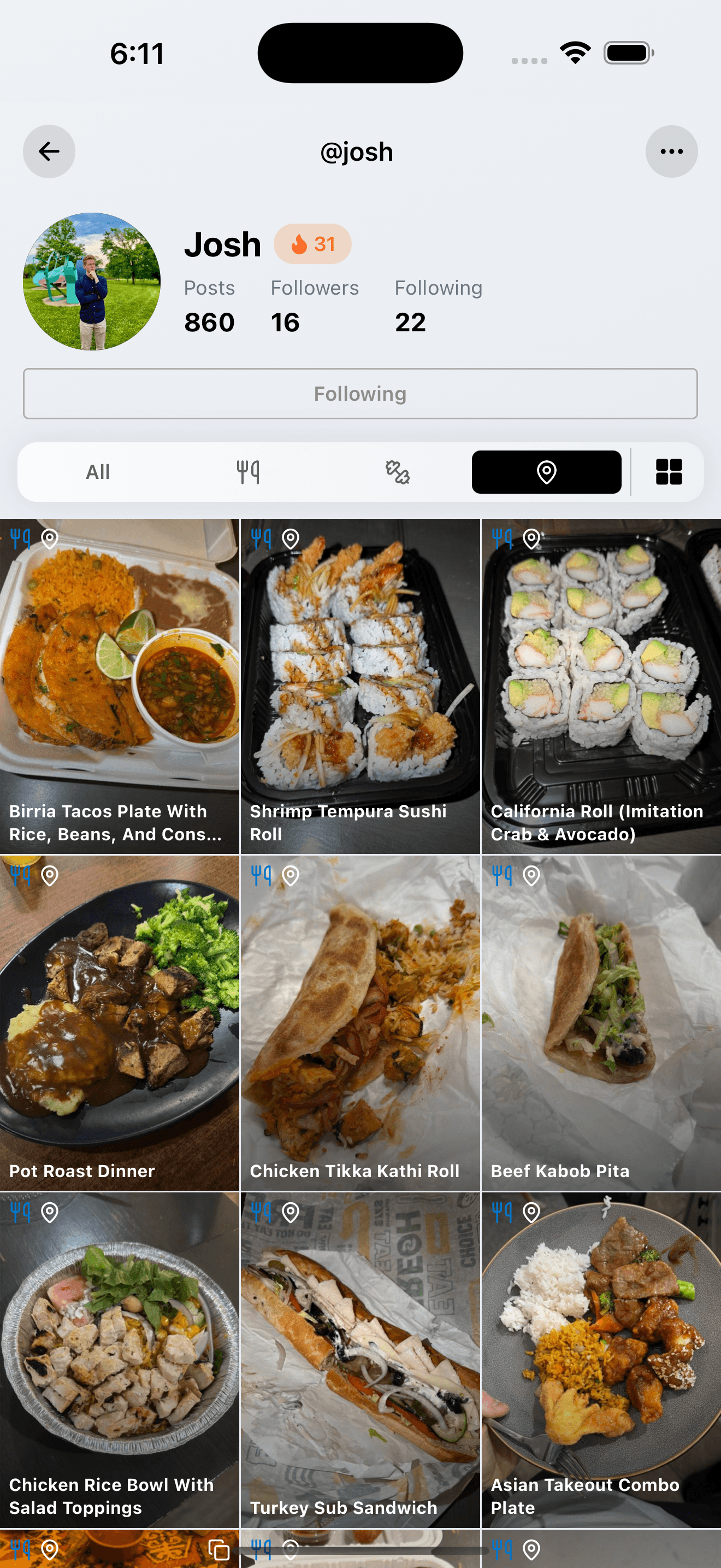 InstaCal profile page showing a food posts grid with followers, streaks, and map pin filter