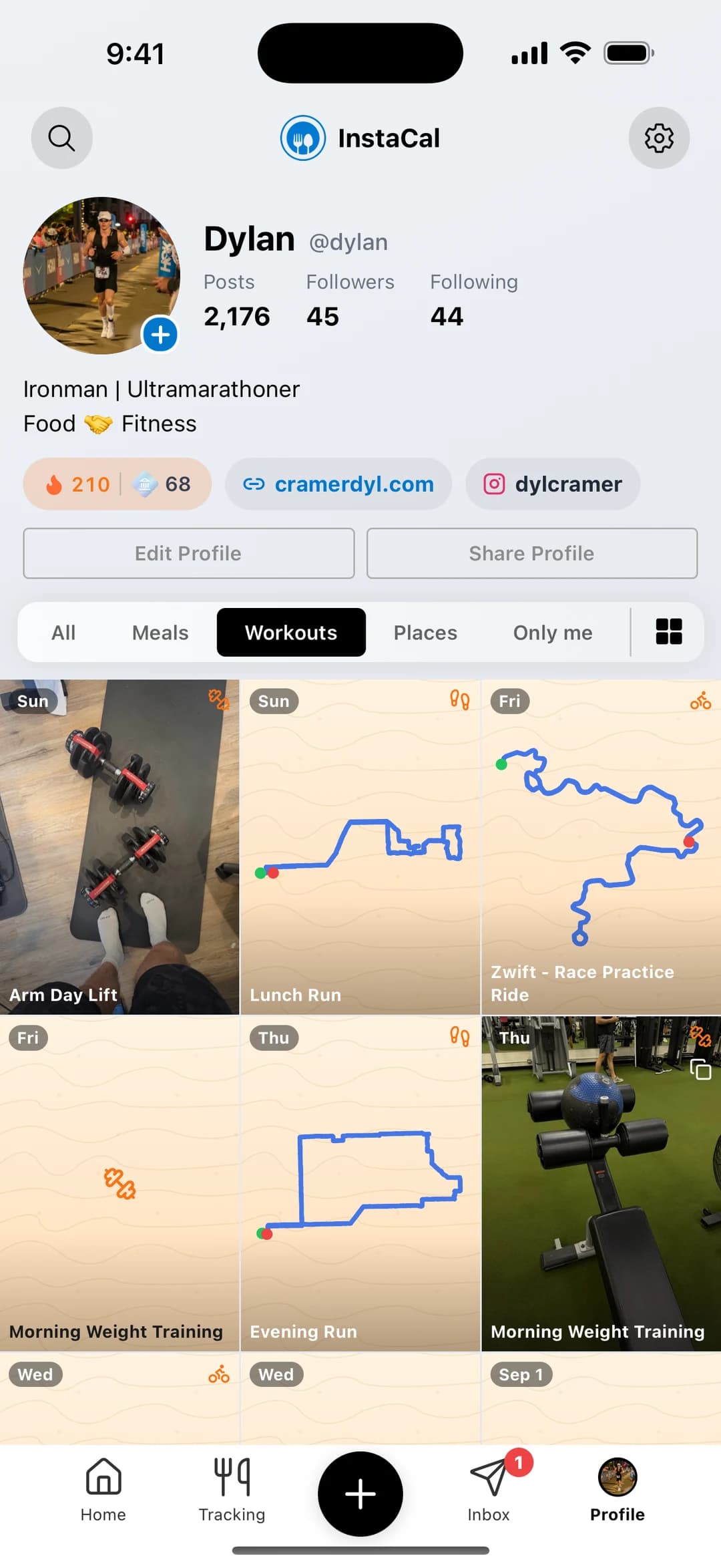 @dylan's InstaCal profile filtered to workouts, showing lifts and run and ride routes drawn on a grid