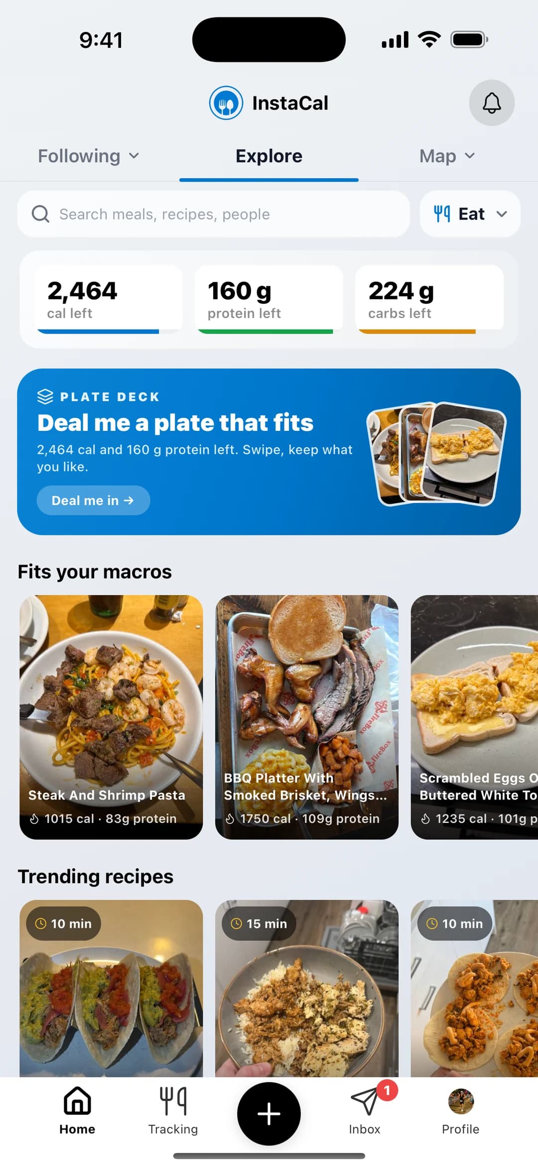 InstaCal Explore with calories and protein left today, the Plate Deck, meals that fit your macros, and trending recipes