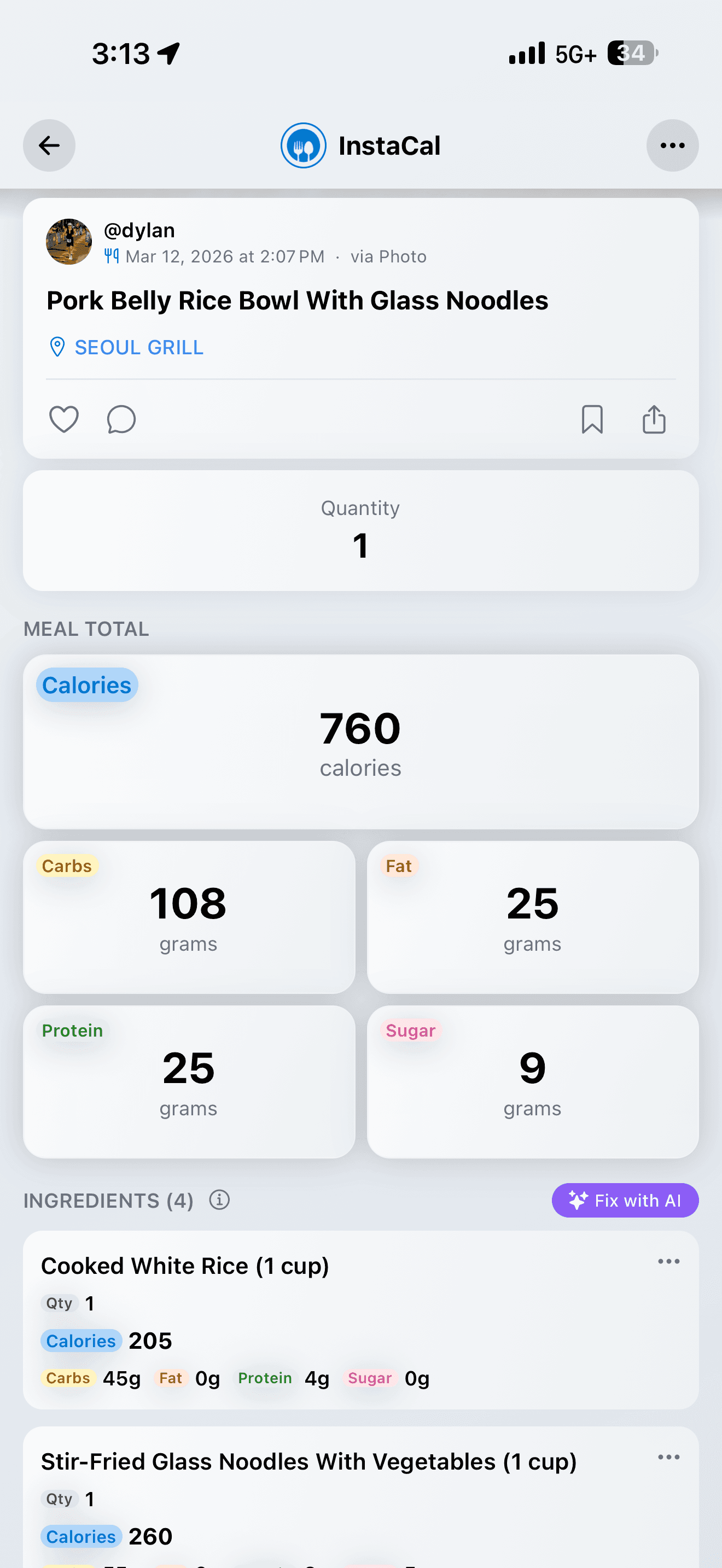 InstaCal meal detail with full nutrition breakdown